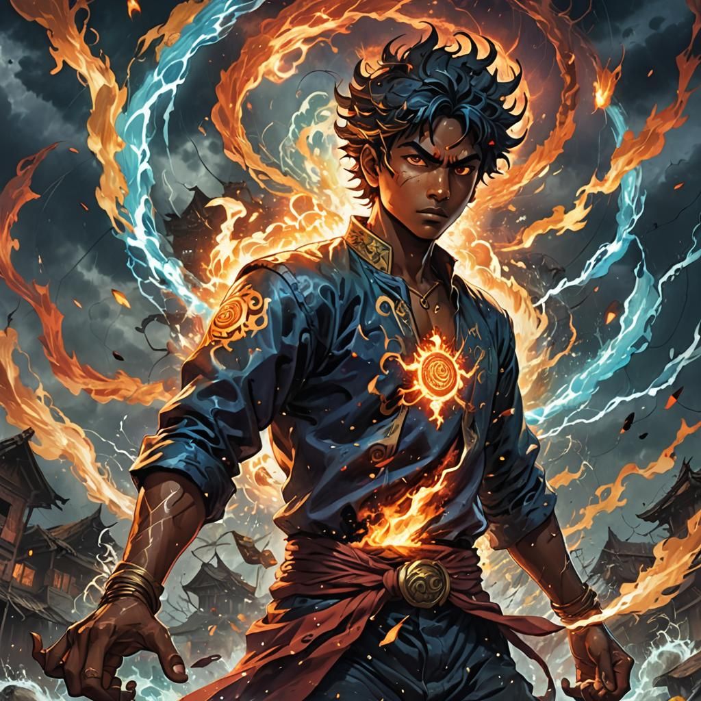 Elemental Battle: Boy vs Demon in Anime Style