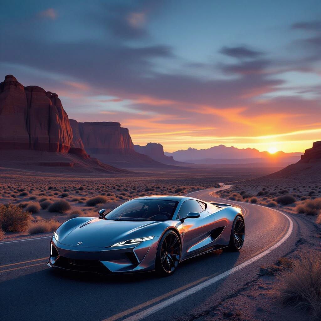 Hyper-Realistic Sports Car in Futuristic Canyon Sunset