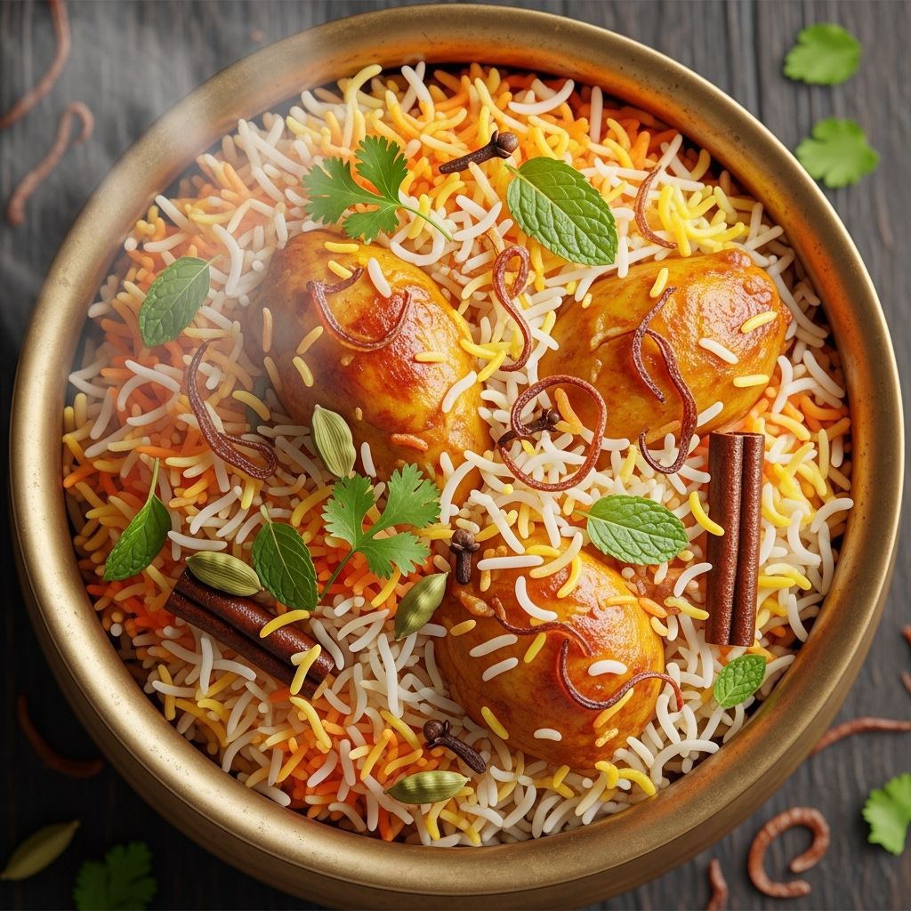 Hyperrealistic Chicken Biryani in Brass Pot