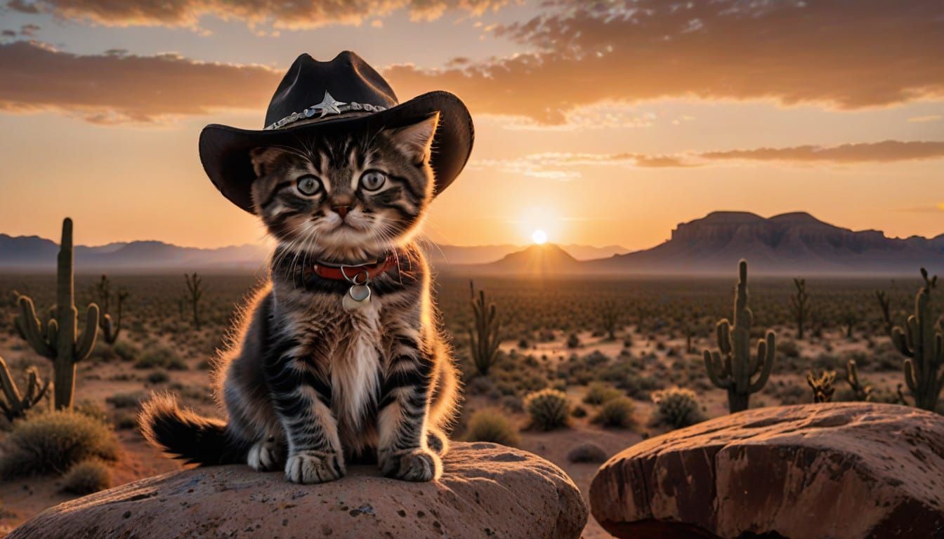 Grumpy Kitten Rides the Sunset Desert