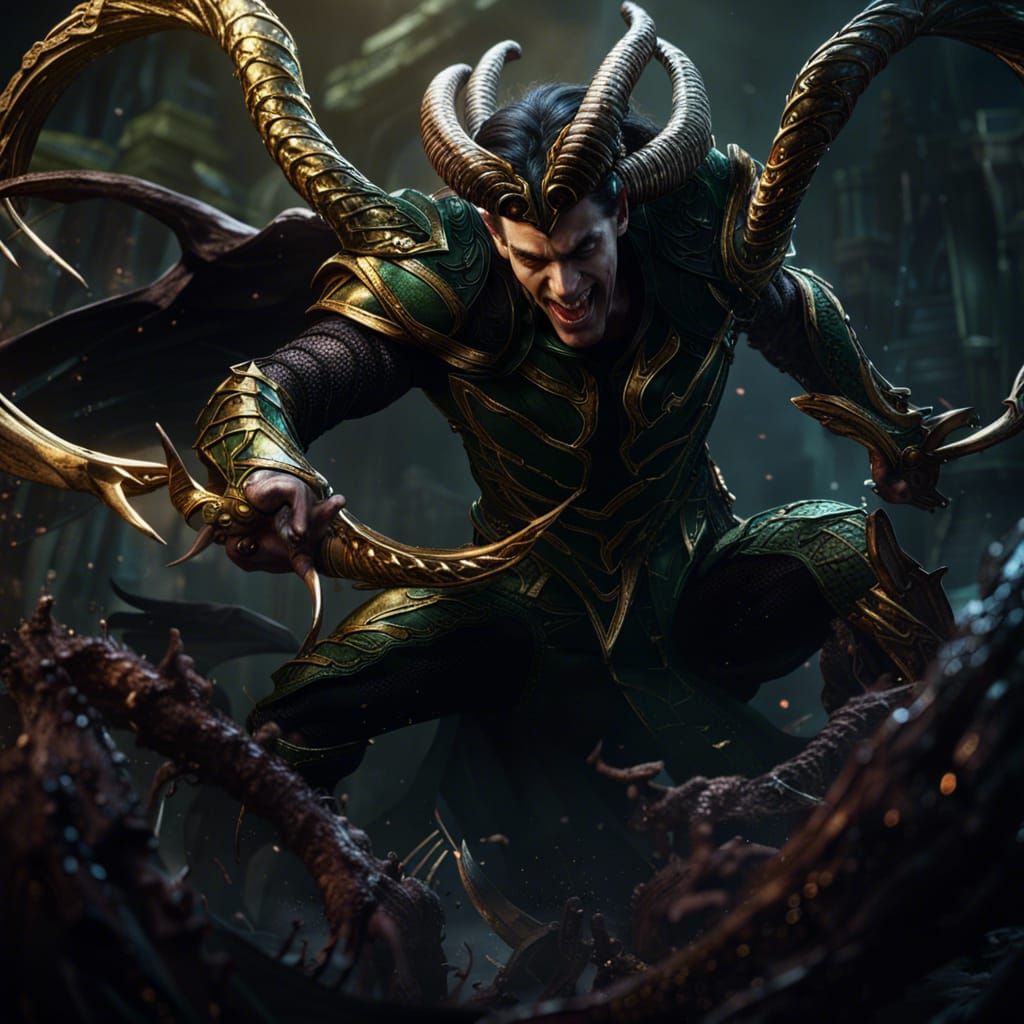 Venomized Loki Battles: Detailed Fantasy Art