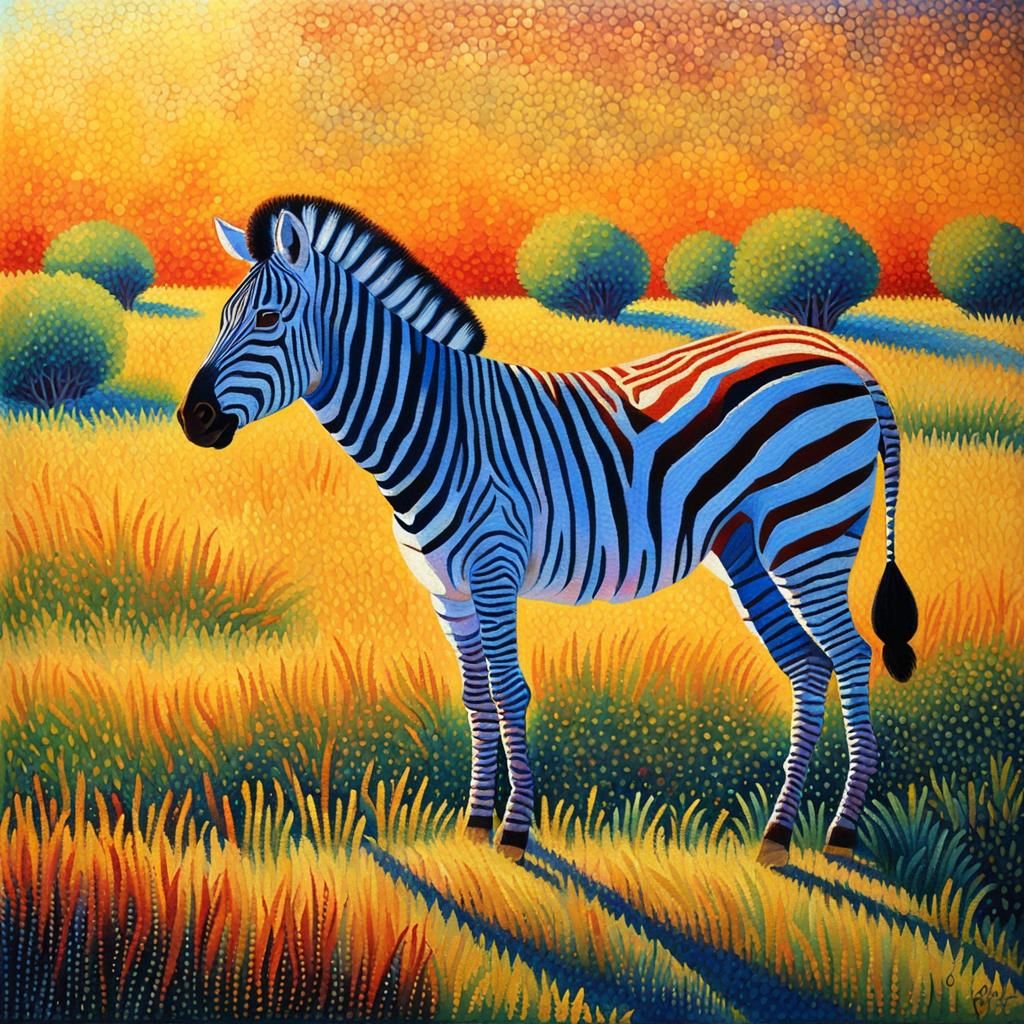 Pointillist Zebra in Grassy Plain, Seurat Style