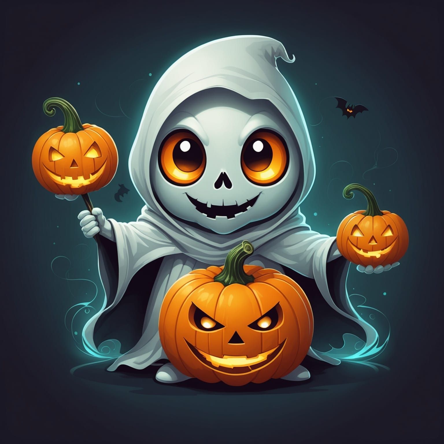 Chibi Ghost with Jack-o'-Lantern