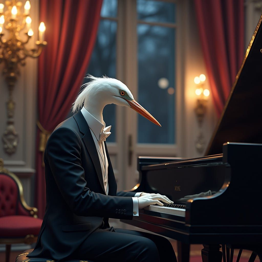 Formal Heron Plays Grand Piano in Lavish Ballroom