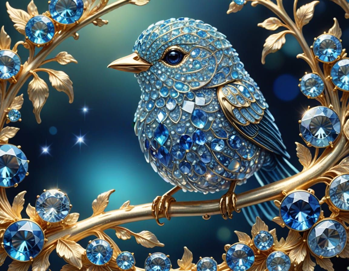 Sparkling Sapphire Bird with Golden Filigree and Rainbow Lig...