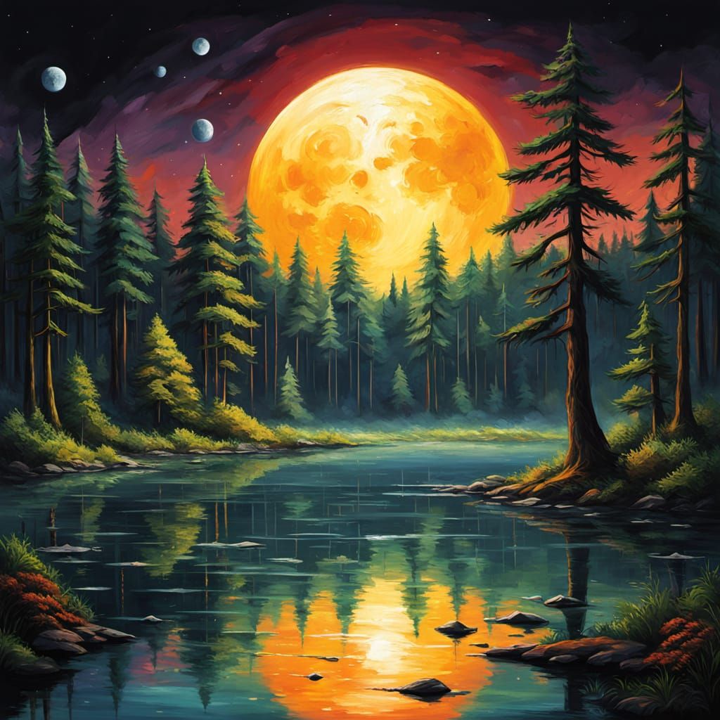 Surreal Forest Moon Landscape in Oil Painting Style with Bro...