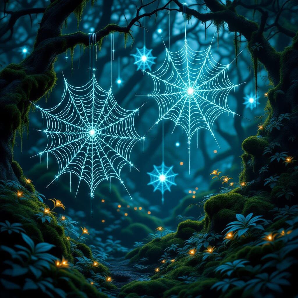Ethereal Spiderweb Sculptures in Enchanted Forest