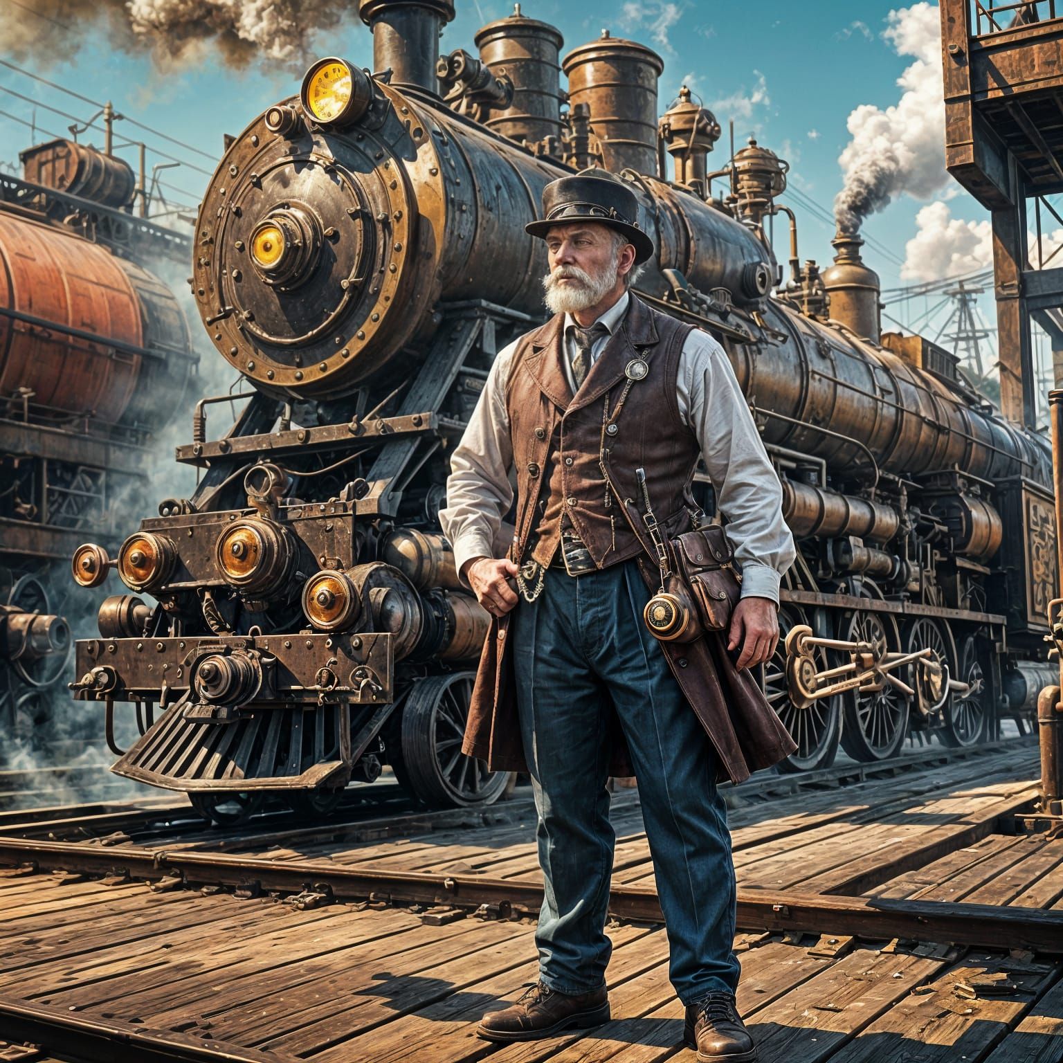 Steampunk Man on Dock with Train