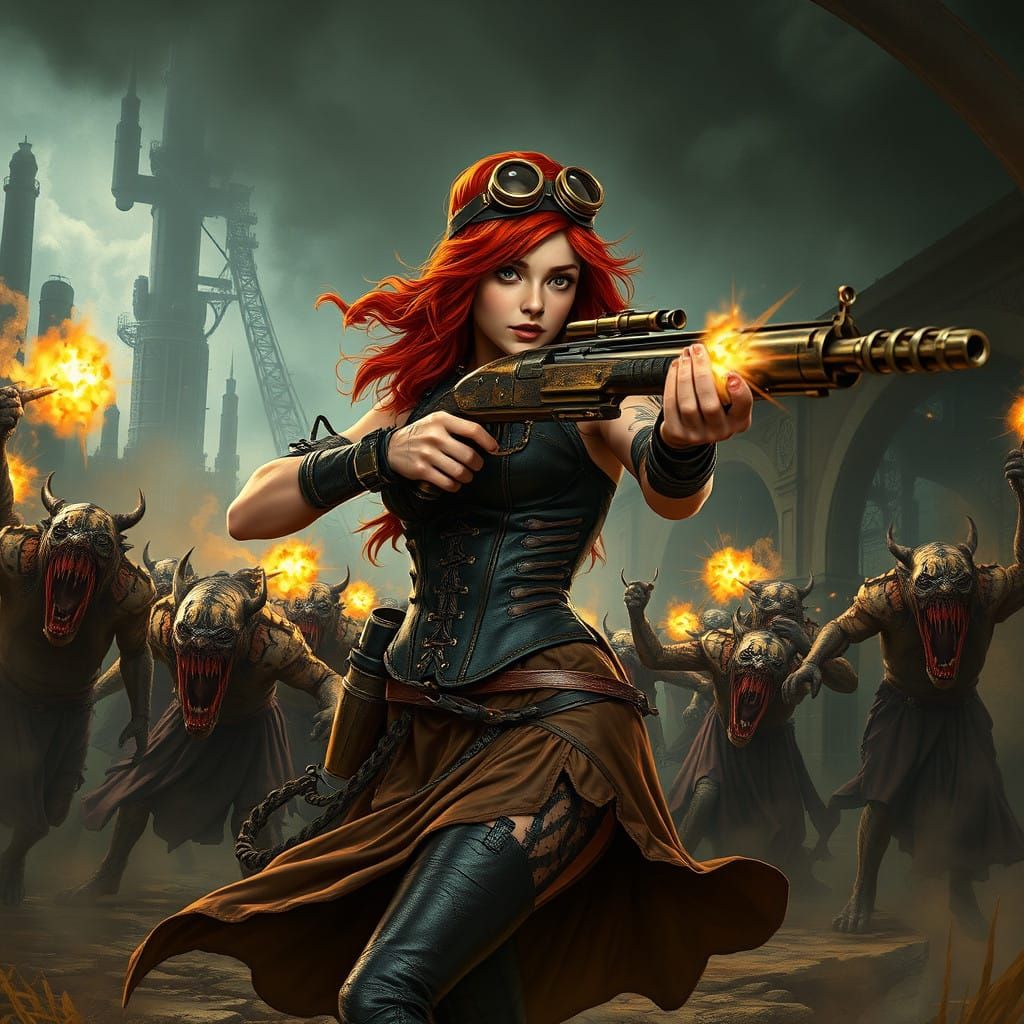 Heroic Steam Punk Warrior Engages Mythical Creatures in Epic...