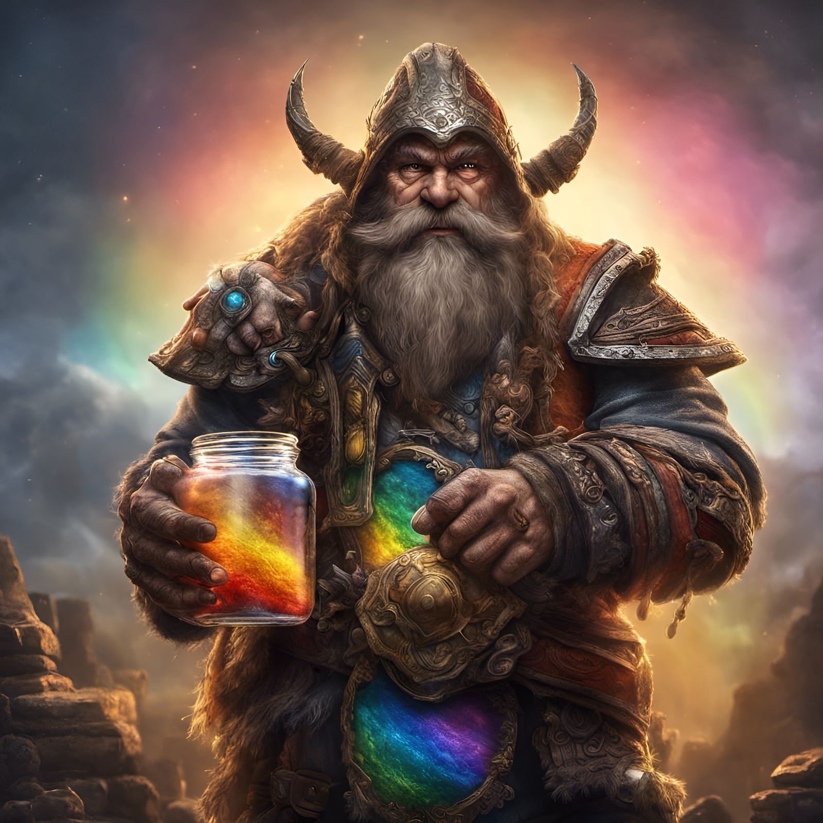 Dwarf Warrior Captures Rainbow in a Jar