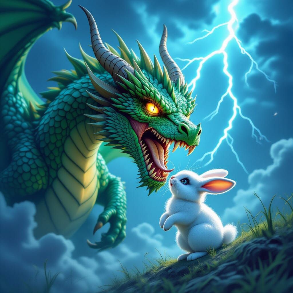 Emerald Dragon Devouring Rabbit in Lightning Storm