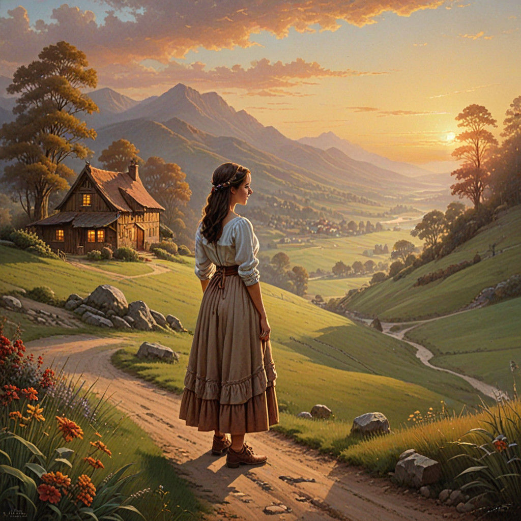 Woman in Idyllic Sunset Landscape, Warm Earth Tones