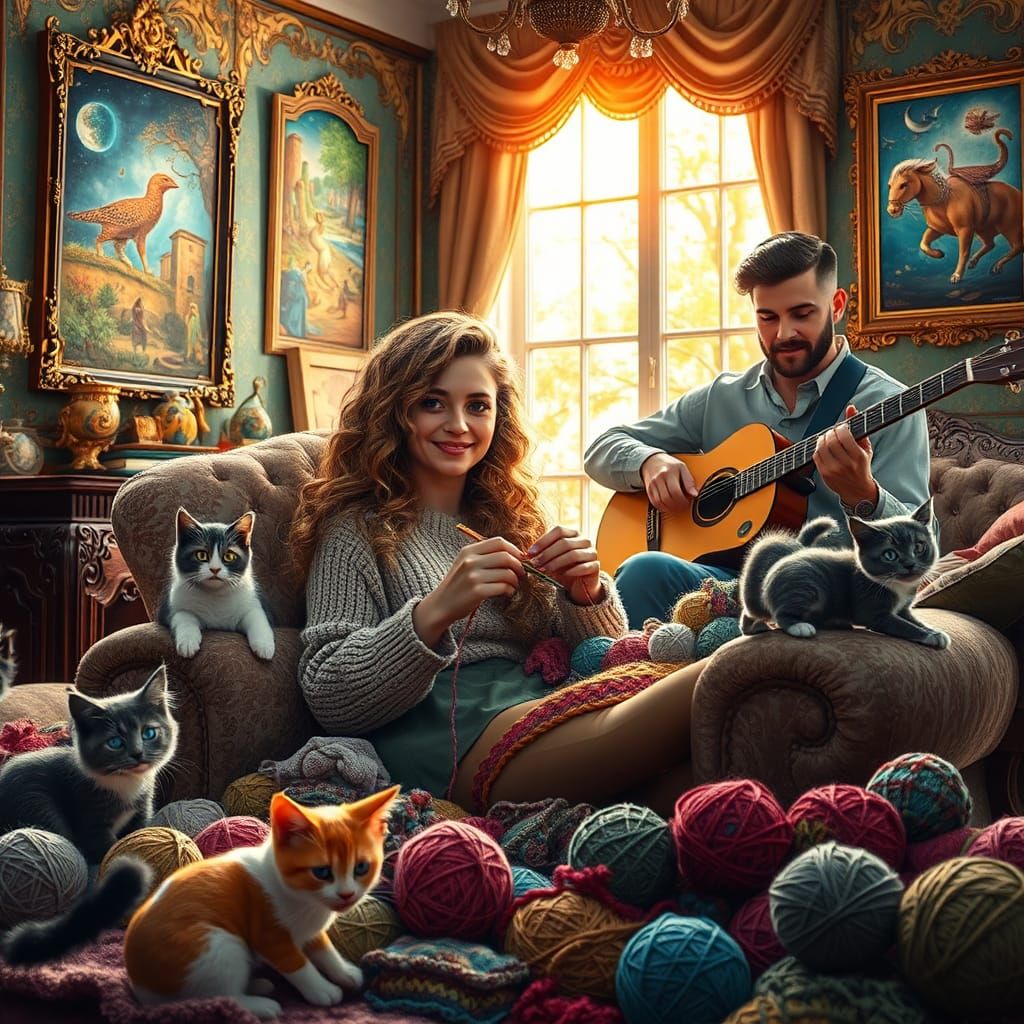 Cozy Family Scene with Cats, Crochet and Guitar