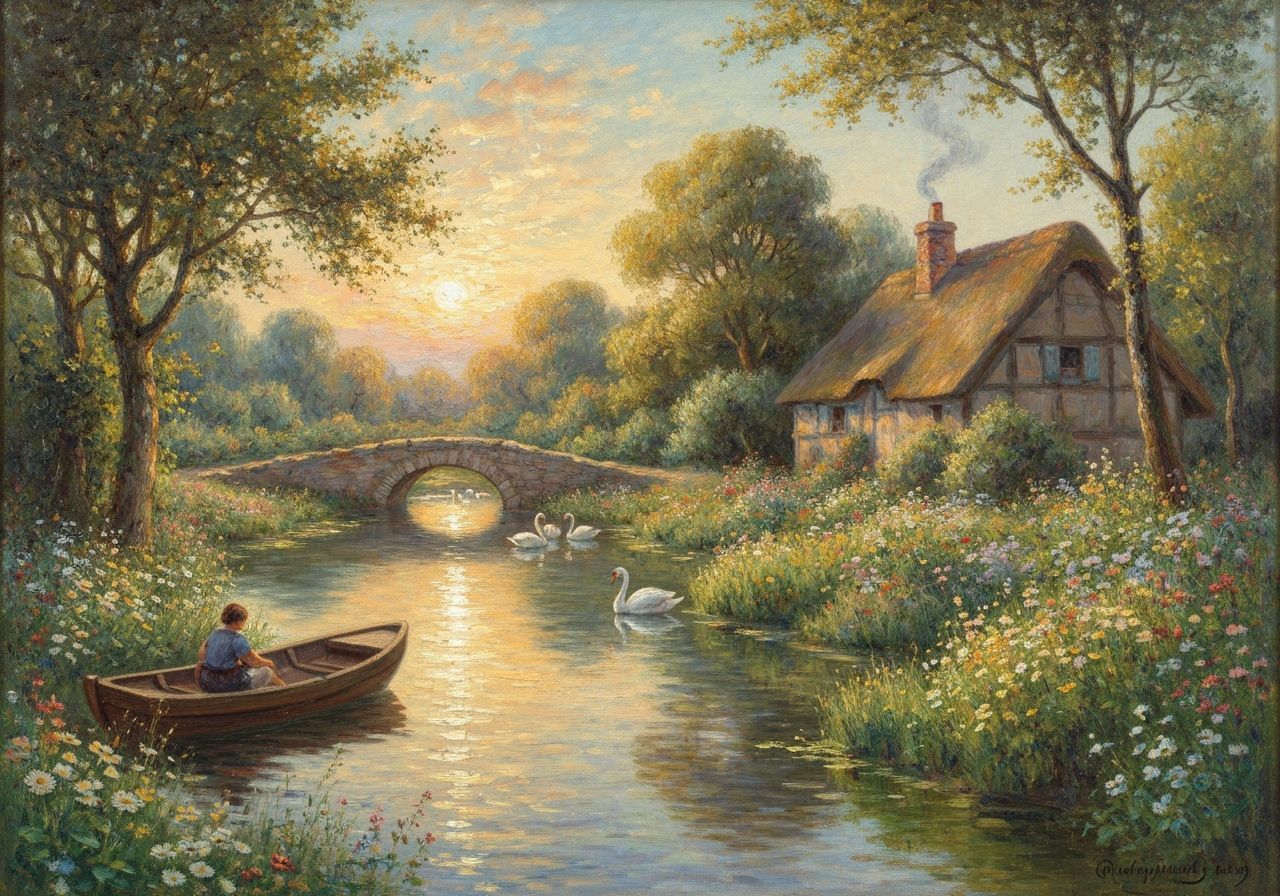 Idyllic Woodland Cottage Scene as Oil Painting