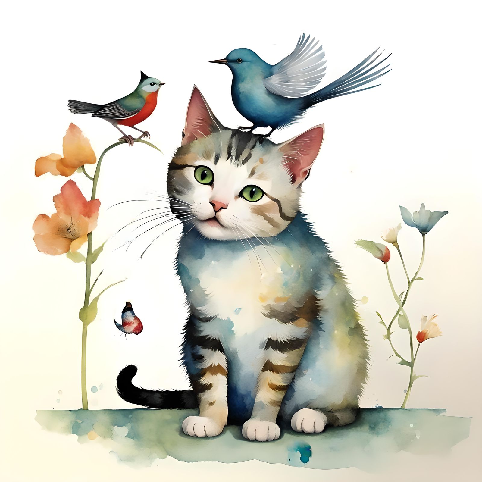 Joyful Cat with Bird, Watercolor Illustration