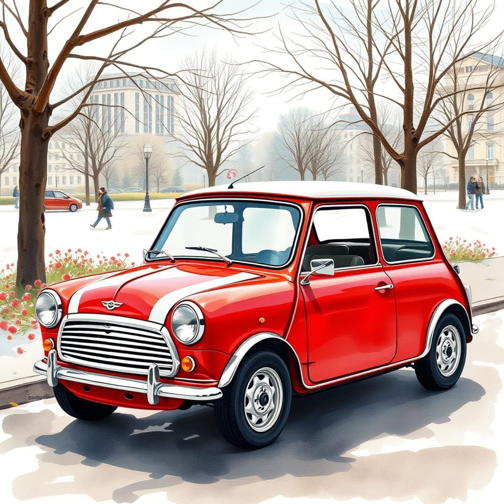 Vintage Mini Cooper in Whimsical Watercolor Style
