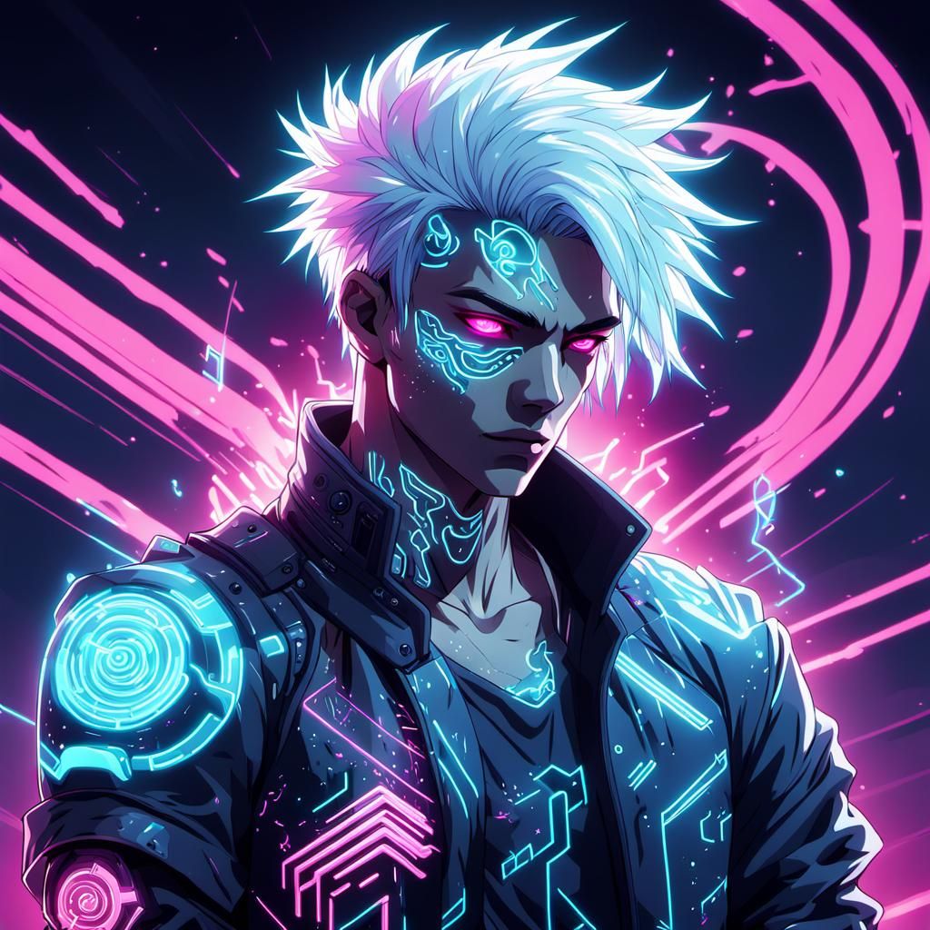 Cyberpunk Anime Boy with Neon Tattoos
