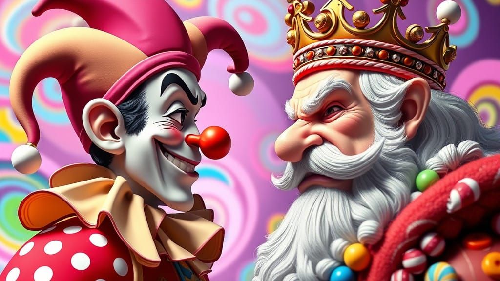 Smiling Jester Locks Eyes with Disgruntled King in Whimsical...