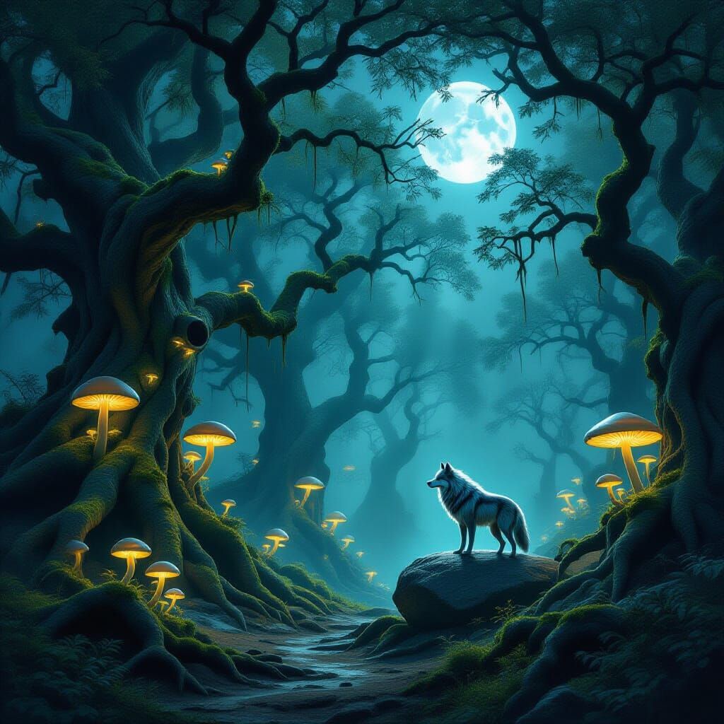 Mystical Moonlit Forest Featuring Giant Wolf