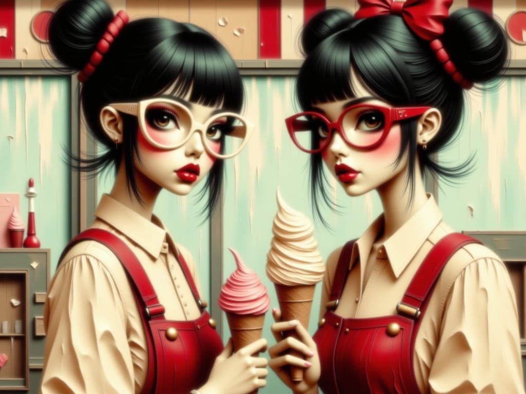 Cute Girls Serve Peppermint Ice Cream in Vintage Soda Shop