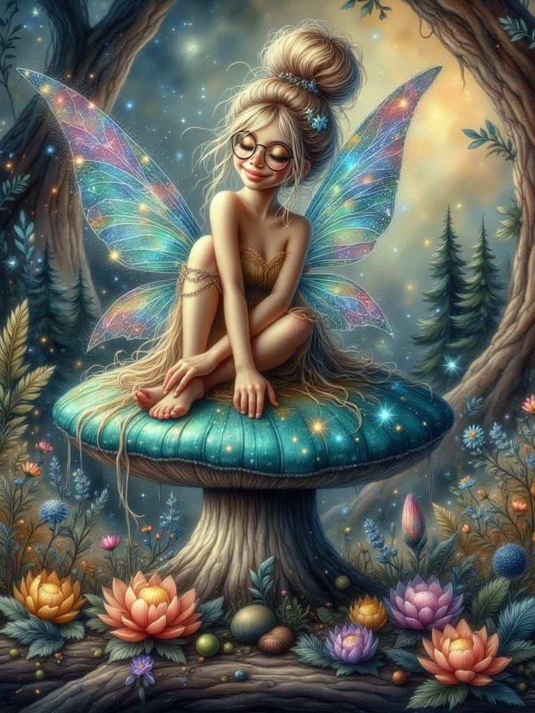 Mischievous Fairy with Koi Scales on Giant Mushroom