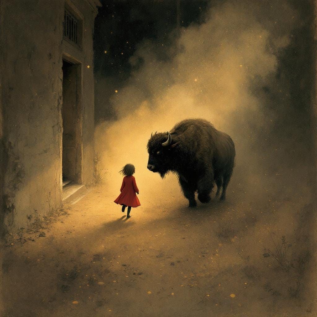 Child's Encounter with Animal in Sepia Tones