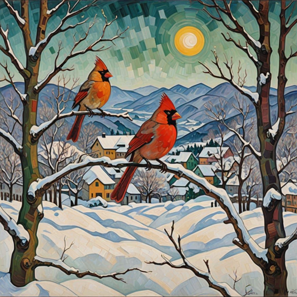 Winter Wonderland Cardinals in Neo-Expressionist Style