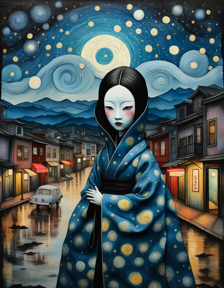 Dark Fantasy Bunraku Doll in Double Exposure Style