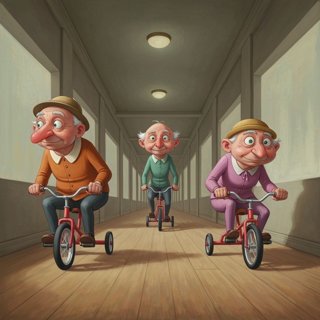 Adults Tricycle Race in Surreal Whimsical Style