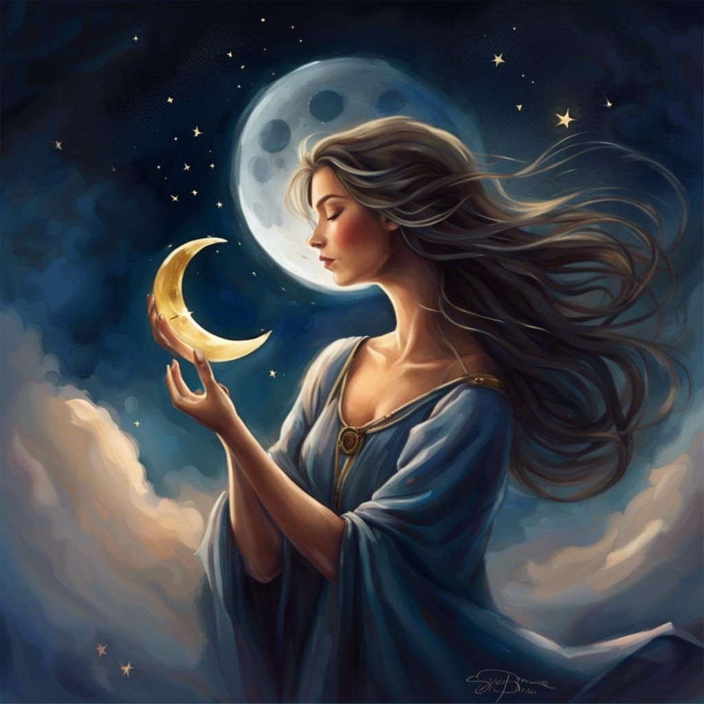 Ethereal Woman Holds Sky and Heart: Fantasy Art