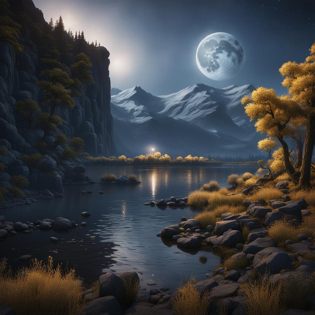 Moonlit Columbia River: Detailed Fantasy Art