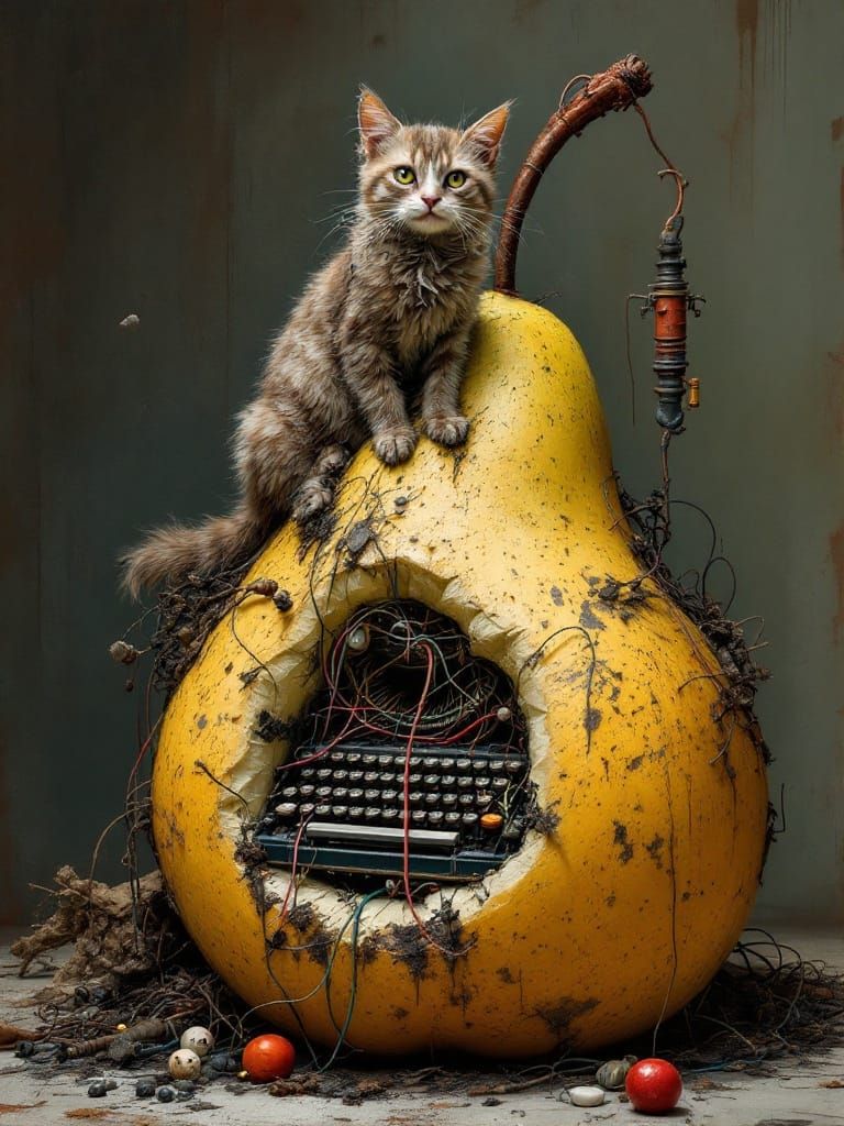 Eccentric Surrealist Feline Amidst Chaotic Assemblage