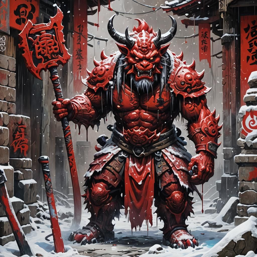 Red Oni in Snowy Temple, Graffiti Art Style