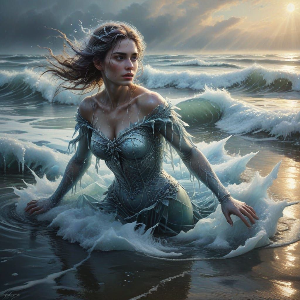 Frost Covered Woman Emerges from Icy Sea