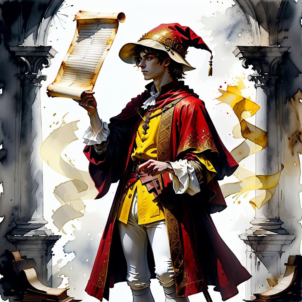 Renaissance Boy with Scroll, Watercolor Illustration