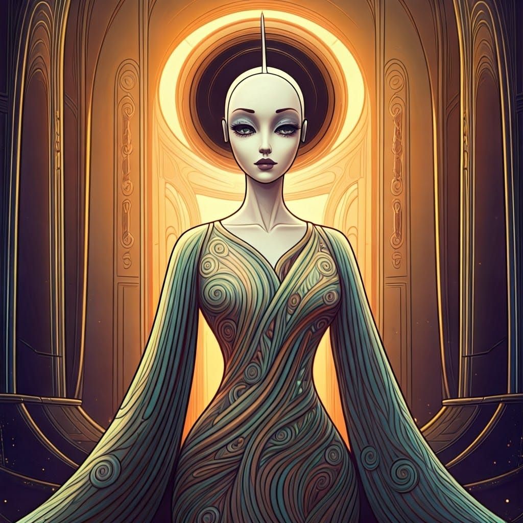 Futuristic Droid Goddess in Art Nouveau Gown