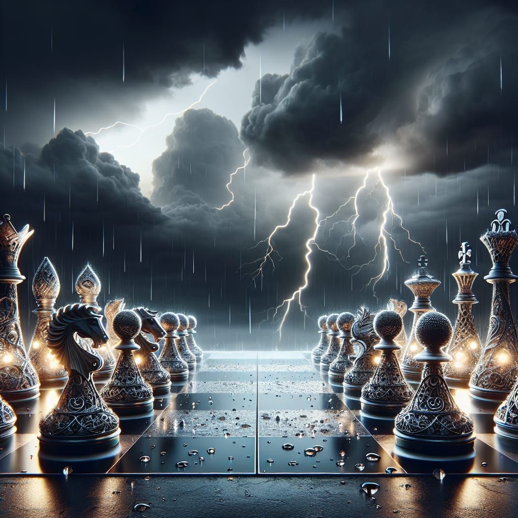 A chess game mid way through. Getting very intense. Intricate filigree designs on each piece. A thunderstorm above them.