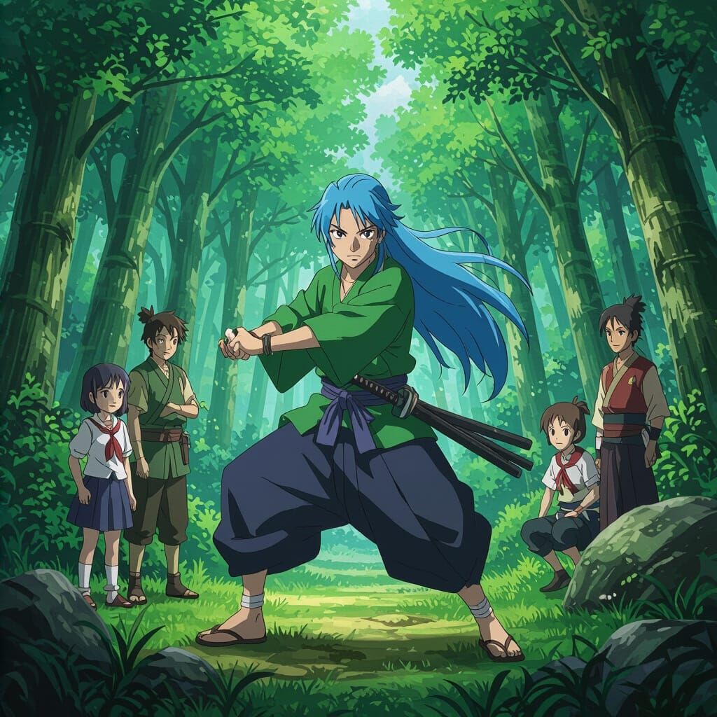 Anime Warrior Training to Break Rock in Forest