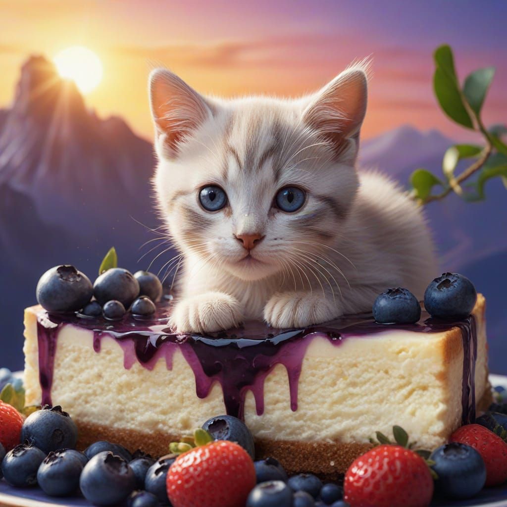 Whimsical Blueberry Kitten in Vibrant Fruit Landscape