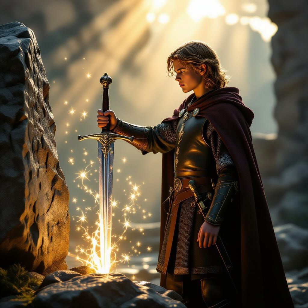 King Arthur Pulls Excalibur From Stone in Misty Dawn