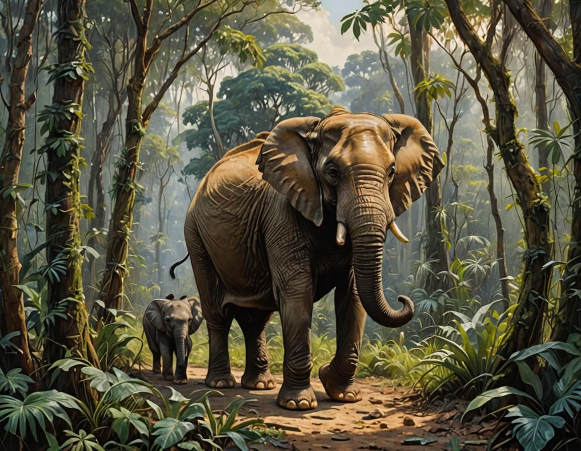 Elephant and Baby in Jungle, Oil Painting