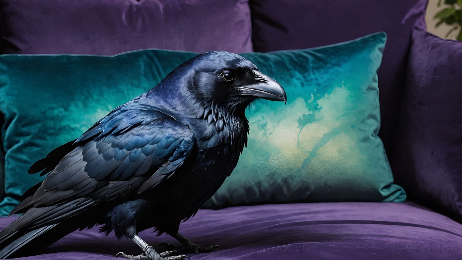 Majestic Raven on Velvet Cushion with Emerald Eyes