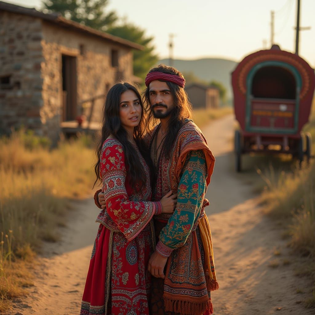 Middle Eastern Gypsy Couple Near Colorful Wagon