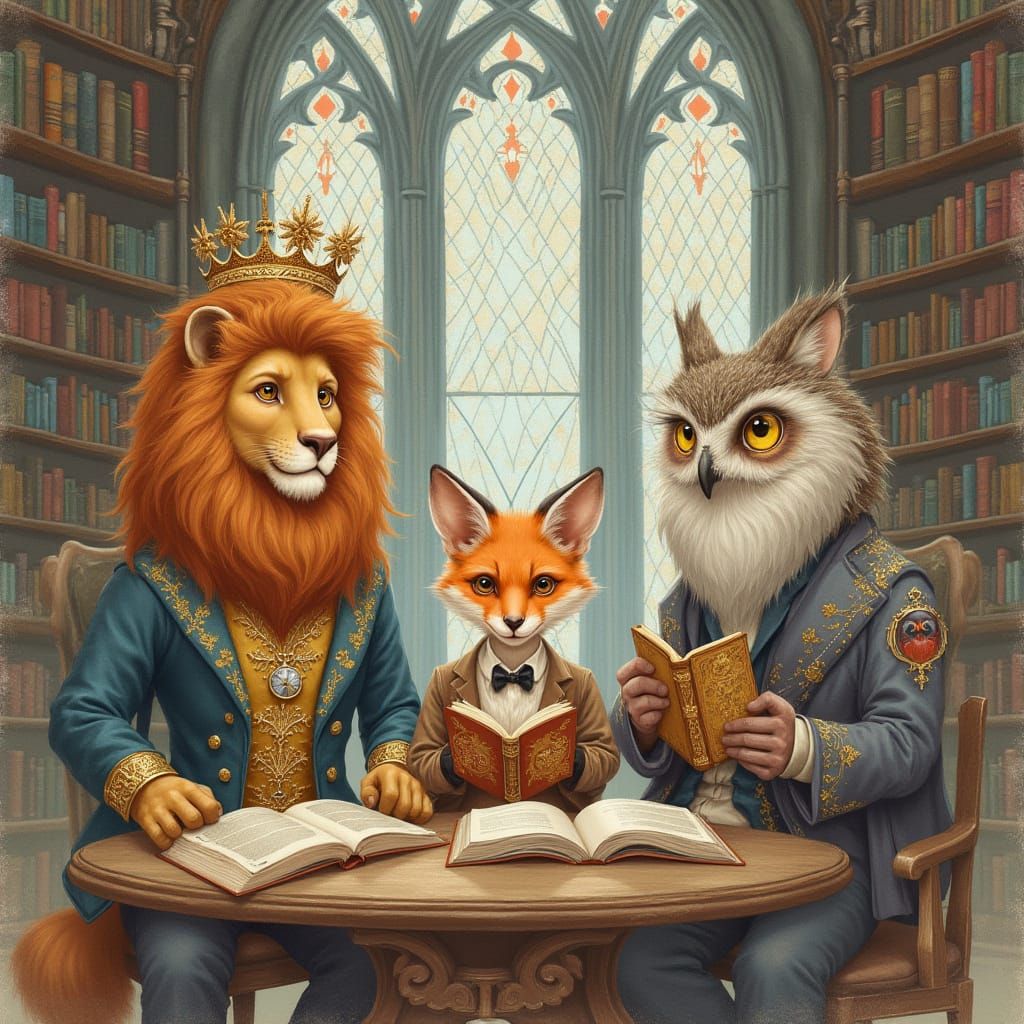 Anthropomorphic Animals Reading in Surreal Watercolor Librar...