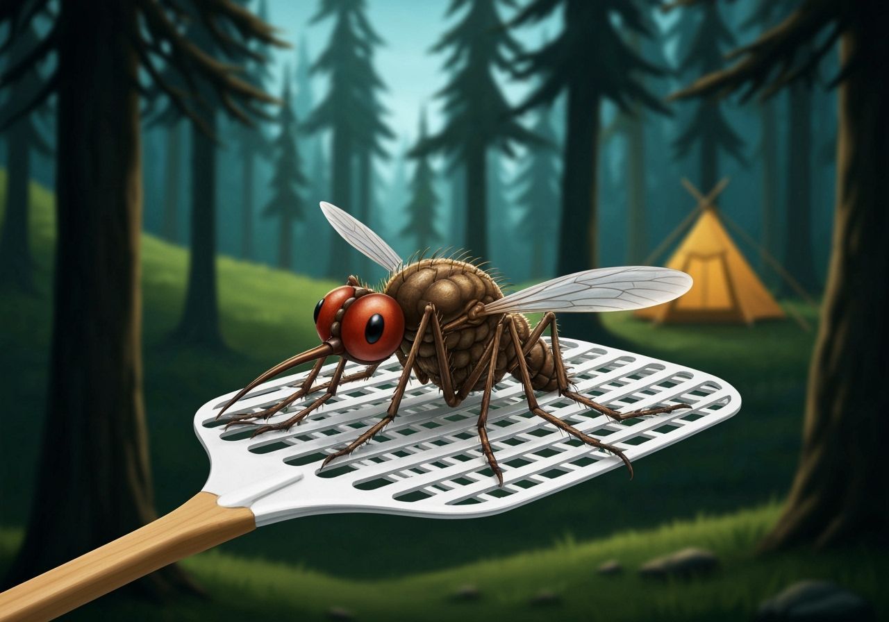 Funny Mosquito Resting on Fly Swatter in Forest