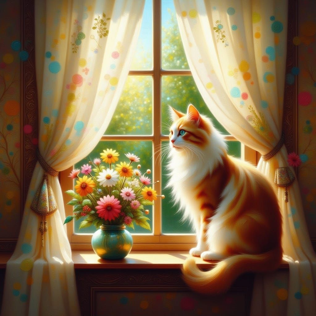 Long-Haired Cat on Window Sill in Oil Painting Style