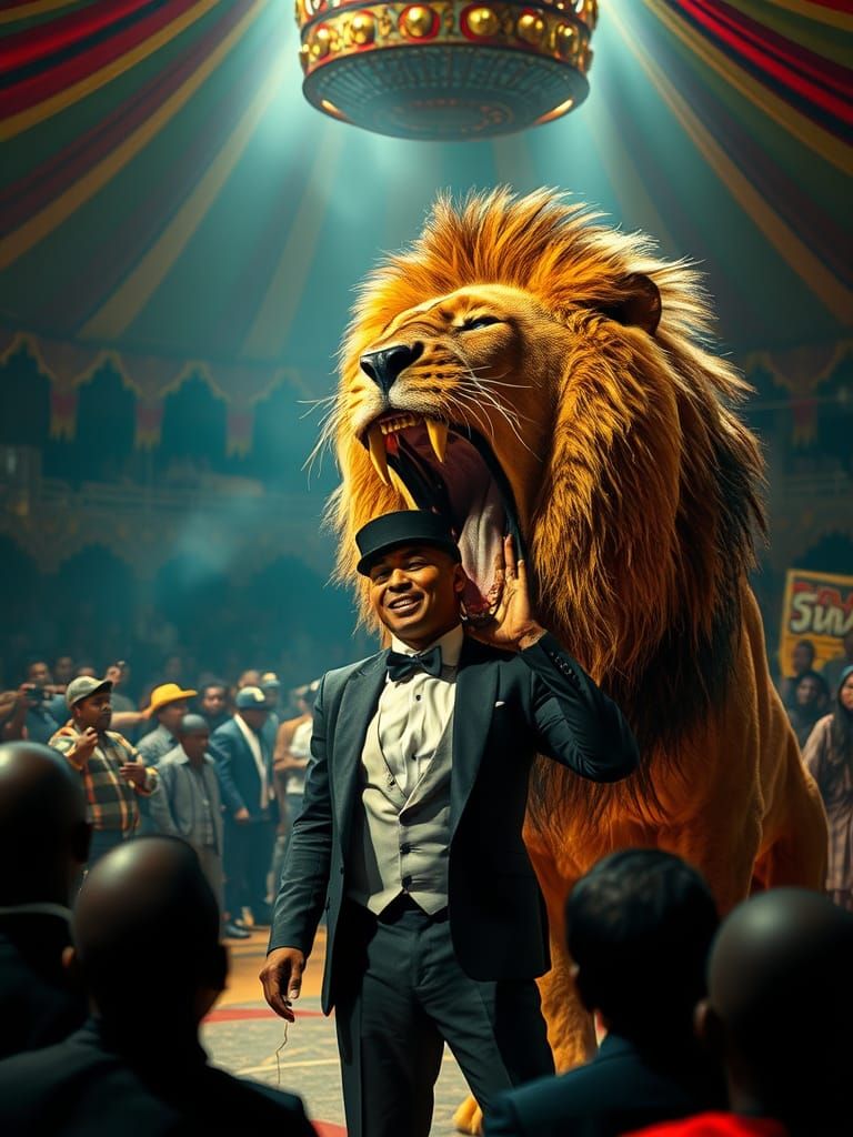 Man Risks Life in Lion's Mouth at Ghanaian Circus