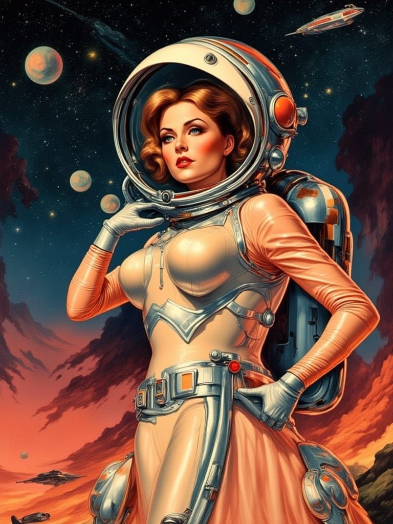 Glamorous Woman Astronaut in Retro-Futuristic Art