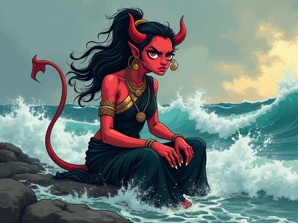 Furious Hindu Devil Cartoon by the Sea