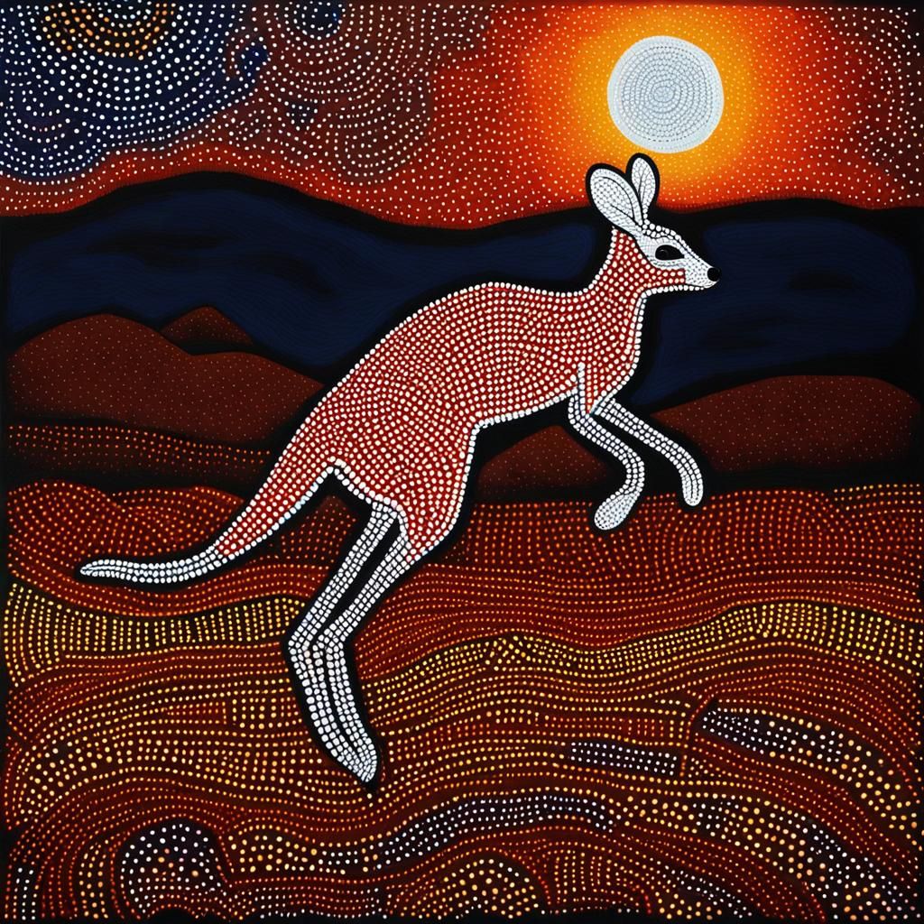 Kangaroo Leaps Across Moonlit Desert in Dot Painting